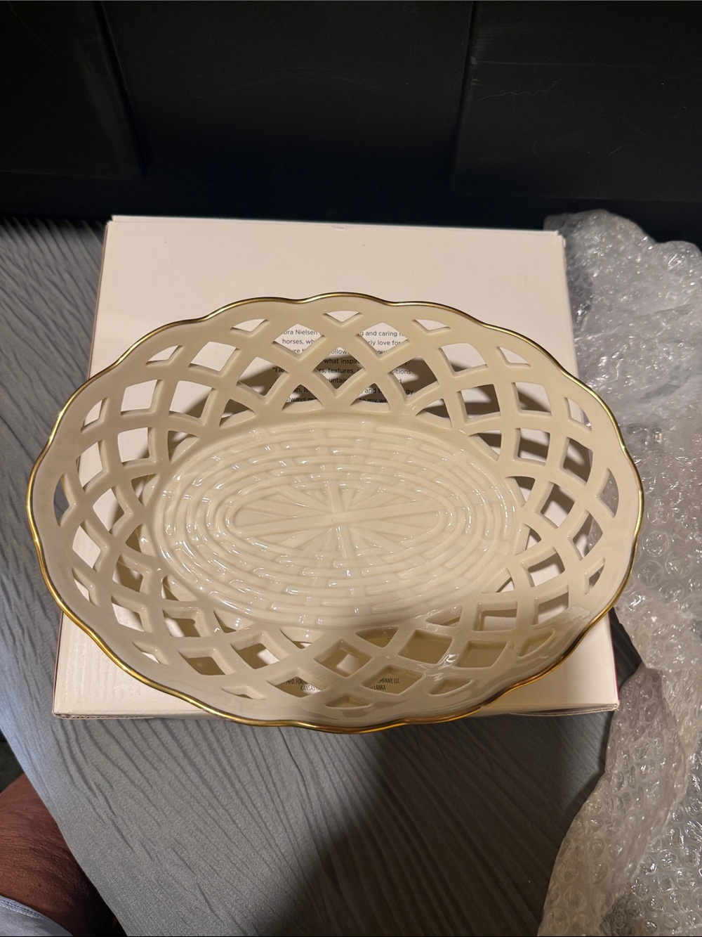 Lenox Decorative Cream Ceramic Lattice Bowl with Gold Trim